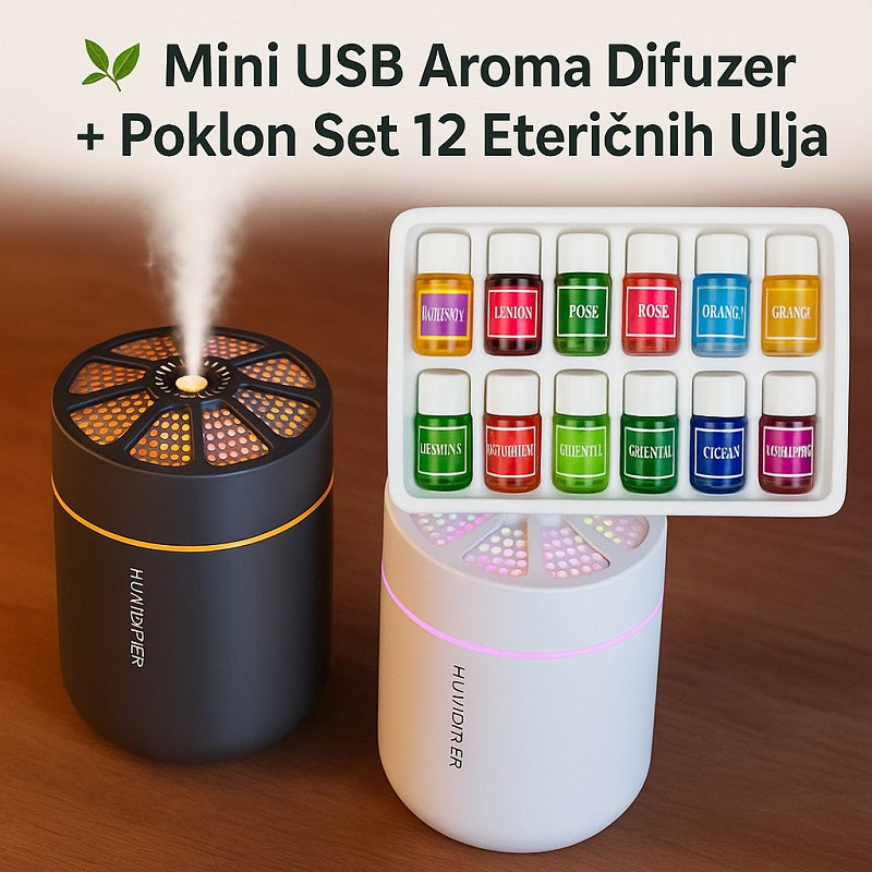 Aroma USB Difuzer + Set od 12 Eteričnih Ulja